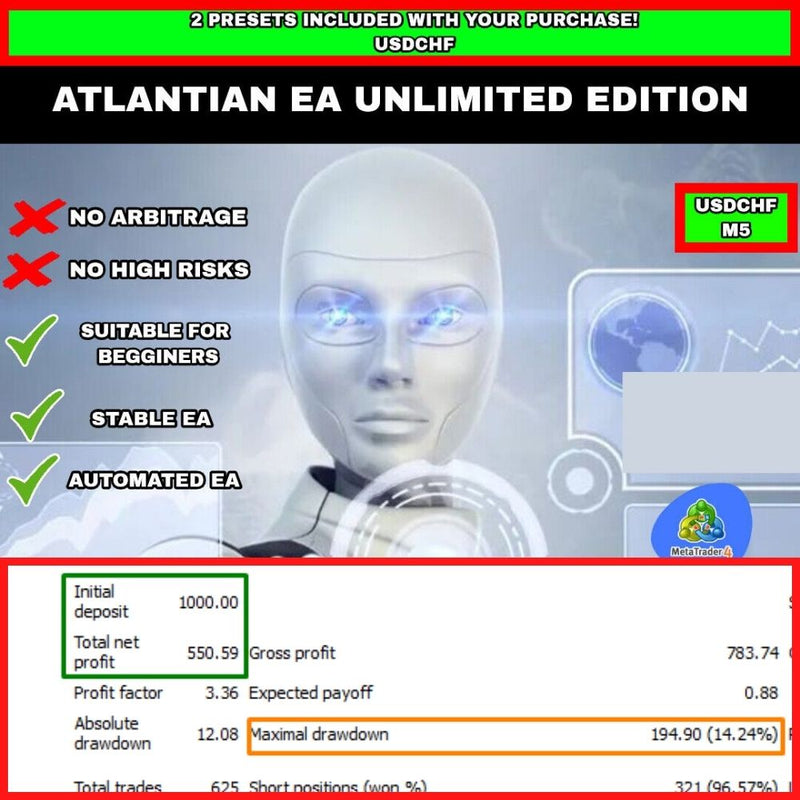 ATLANTIAN EA - Forex Mt4 Expert Advisor - 99.9% BACKTESTED + 2 PRESETS NEW UPDATE - forexa robot